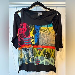 ART SIMPLY Ladies Women’s Size XS Black Red & Yellow Long Sleeve Top